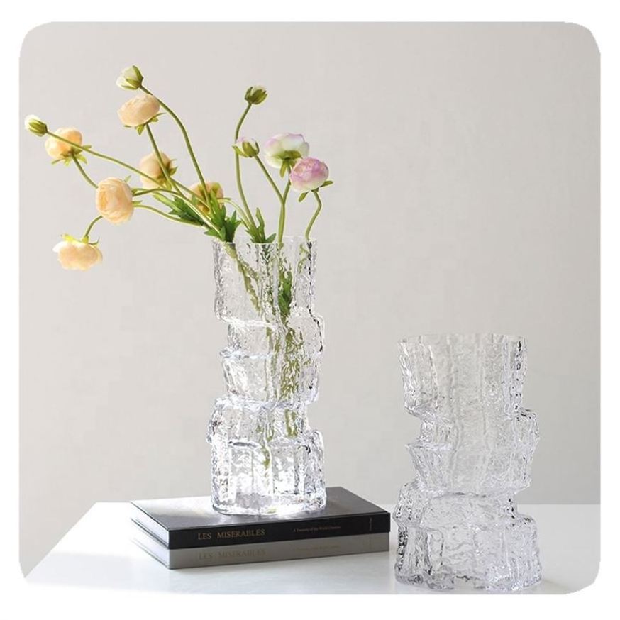 Handblown Glass Vase Home Decor Table Centerpieces Hammered Wavy Texture Flower Arrangement Irregular Geometry Glass Vase