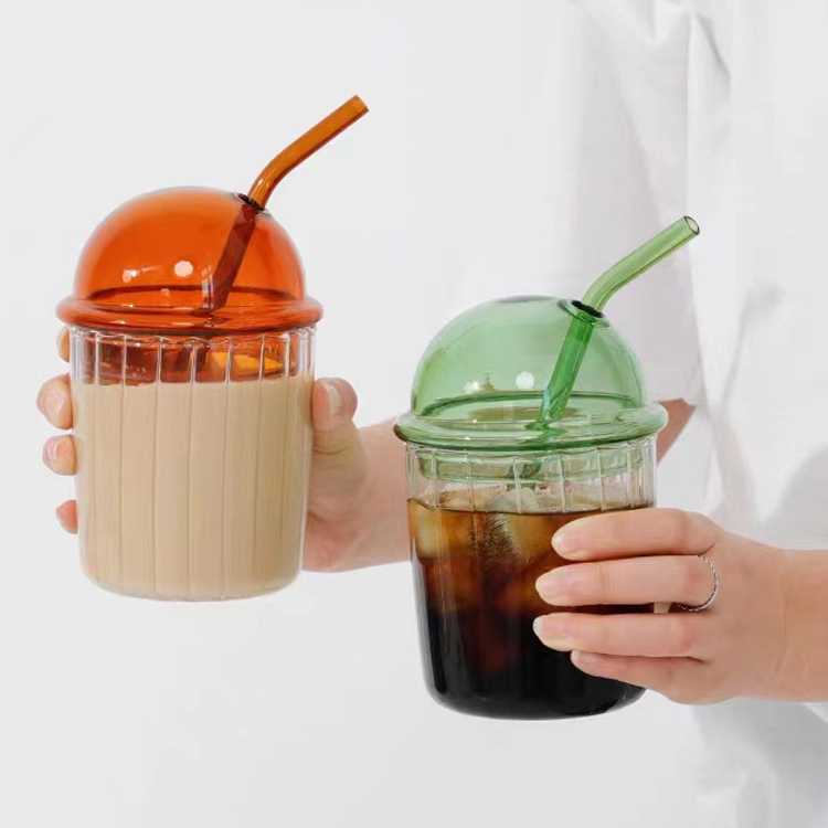 Big Capacity Striped Drink Mug Colored Glass Cups Clear Tea Cup Coffee Cups With Straw And Lid