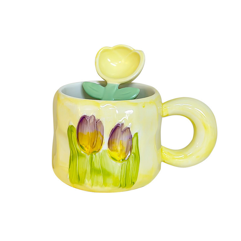 Tulip Ceramic Mug with Spoon Milk Coffee Tea Juice Water Mug Home Gift Restaurant Coffee Shop