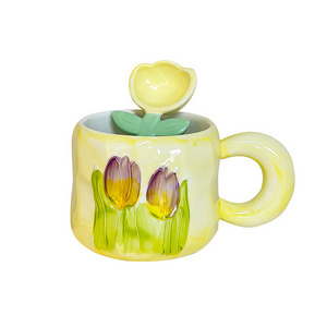 Tulip Ceramic Mug with Spoon Milk Coffee Tea Juice Water Mug Home Gift Restaurant Coffee Shop