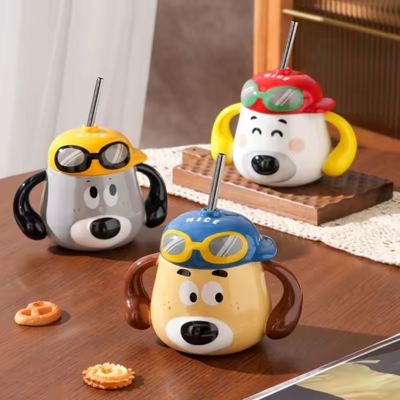 2024 new Cute dog shaped mug with two ears handle kawaii 3d animal coffee mug cup with straw