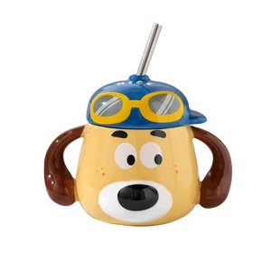 2024 new Cute dog shaped mug with two ears handle kawaii 3d animal coffee mug cup with straw