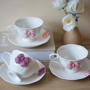 Wholesale Creative Handmade Coffee Cup Bows Nordic Simple Ceramic Coffee Mug with Saucer