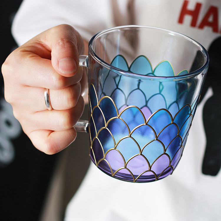 Fish Scales Mugs Tea Cup Rainbow Gradient Mermaid Glass Mug for Office and Home