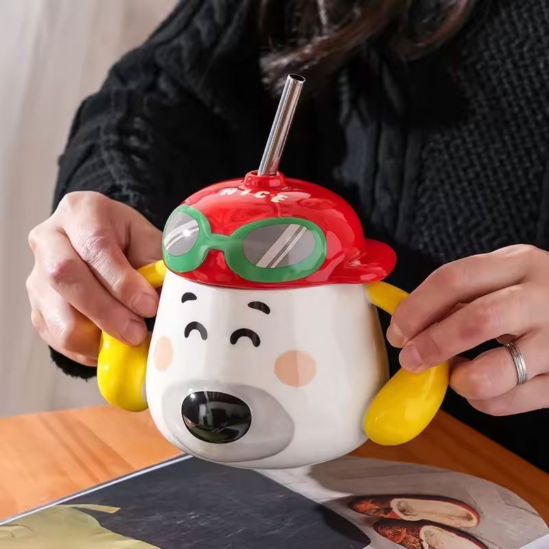 2024 new Cute dog shaped mug with two ears handle kawaii 3d animal coffee mug cup with straw