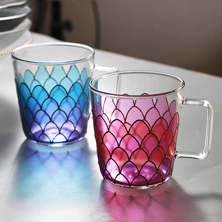 Fish Scales Mugs Tea Cup Rainbow Gradient Mermaid Glass Mug for Office and Home