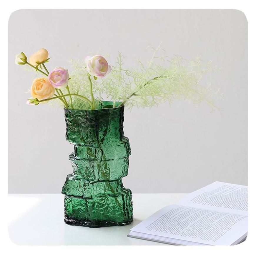 Handblown Glass Vase Home Decor Table Centerpieces Hammered Wavy Texture Flower Arrangement Irregular Geometry Glass Vase