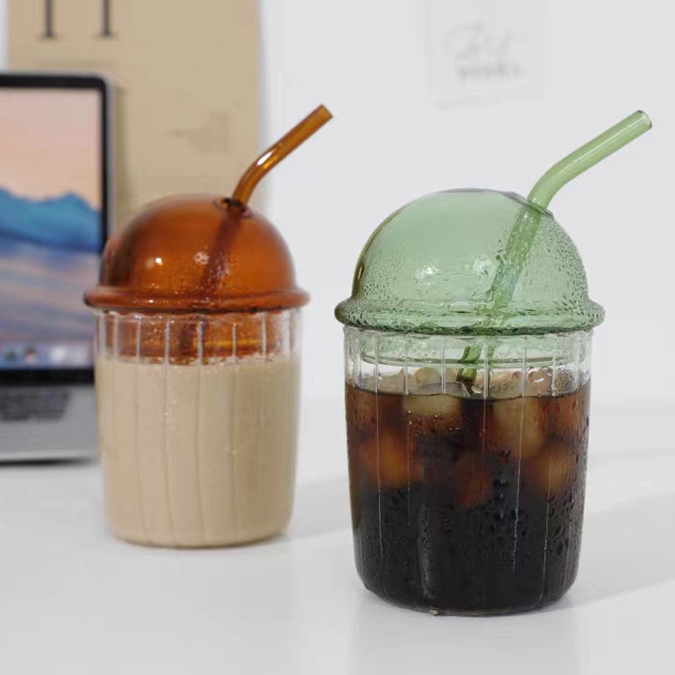 Big Capacity Striped Drink Mug Colored Glass Cups Clear Tea Cup Coffee Cups With Straw And Lid