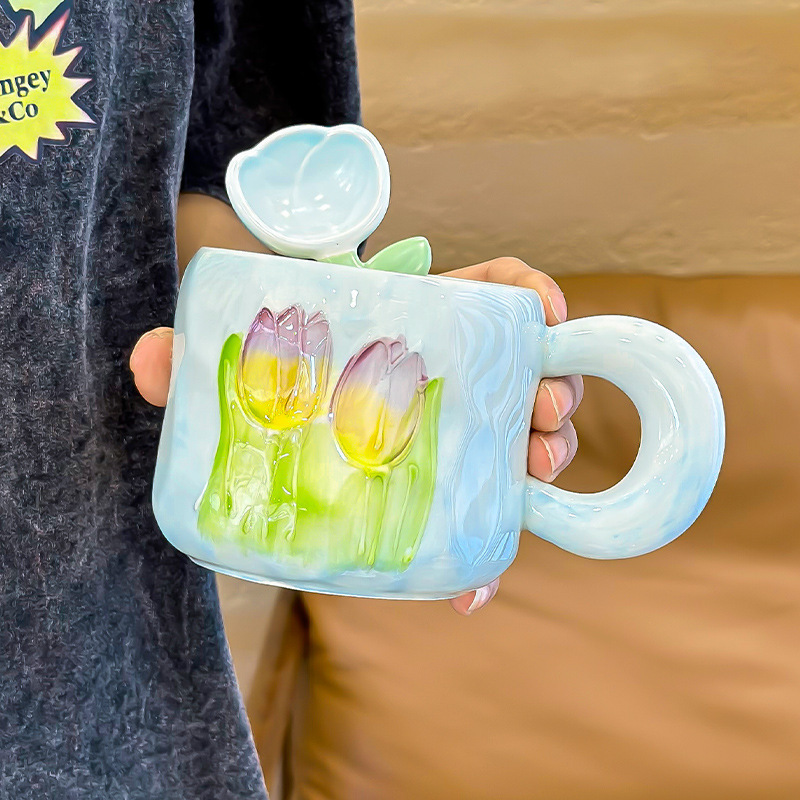 Tulip Ceramic Mug with Spoon Milk Coffee Tea Juice Water Mug Home Gift Restaurant Coffee Shop