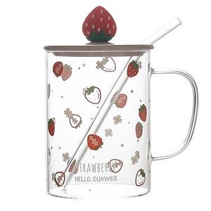 Creative Cartoon Strawberry Tea Cups With Straw Juice Milk Glass Cup With Lid