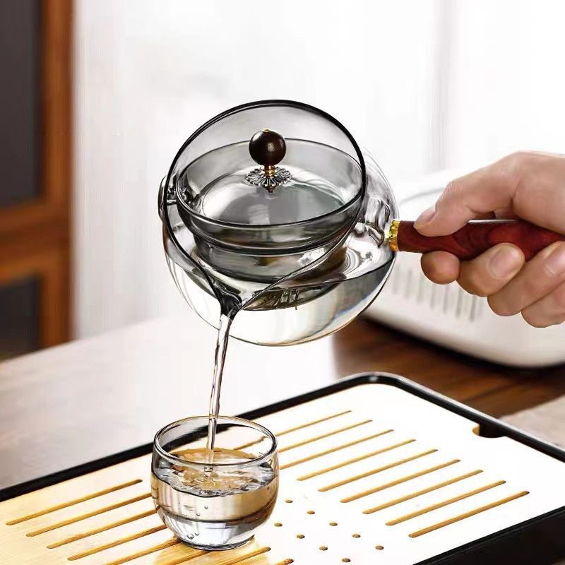 Hot-Sale Borosilicate Glass Tea Pot With Wooden Handle Can 360 Rotating Glass Kettle for Tea