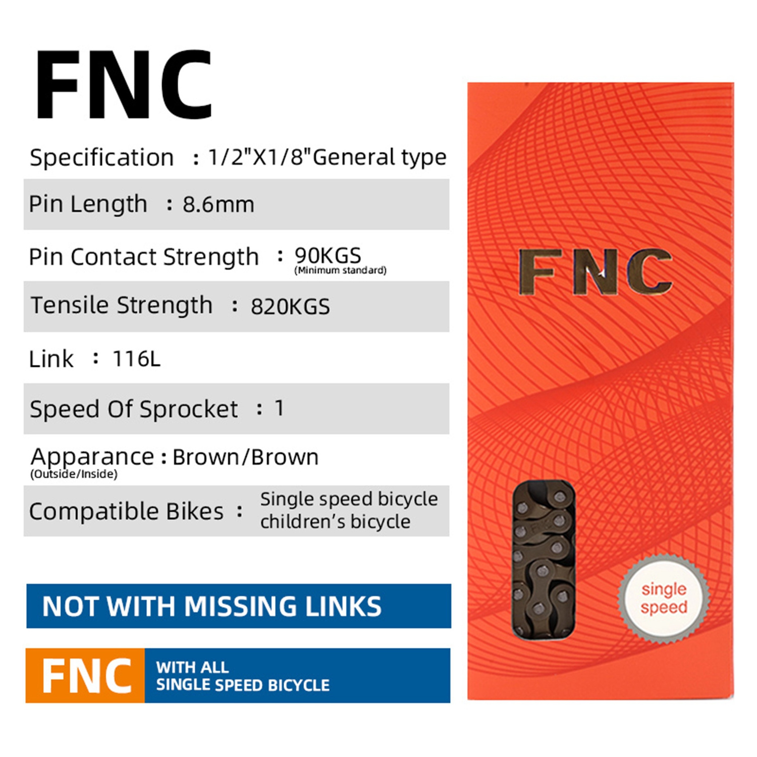 High quality   FNC  single speed brown antirust stainless steel not hollow road mountain bike bicycle chain