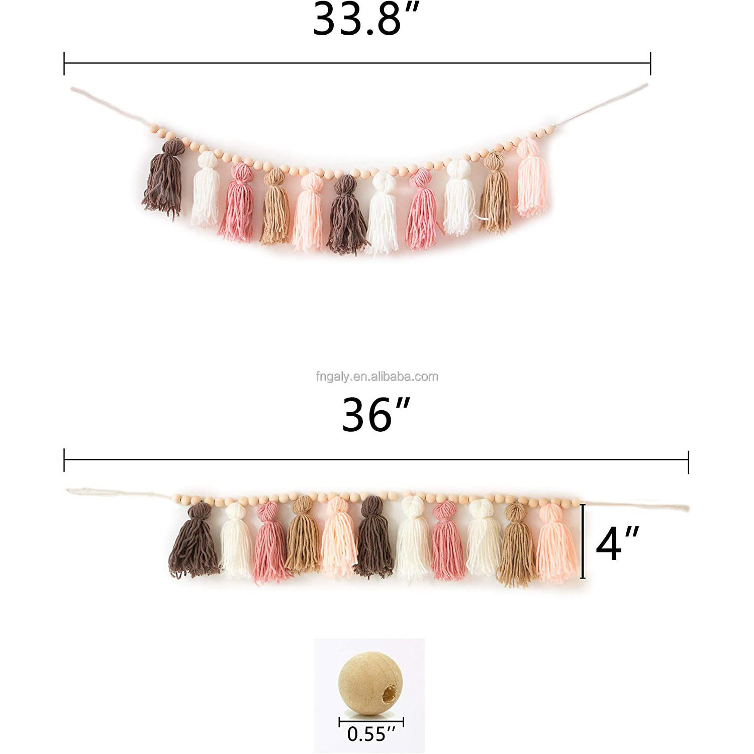 Decocove Tassel Garland - Boho Tassel Garland with Wood Beads - Wall Decor for Dorm, Girls Room and Nursery Room (36 inch)