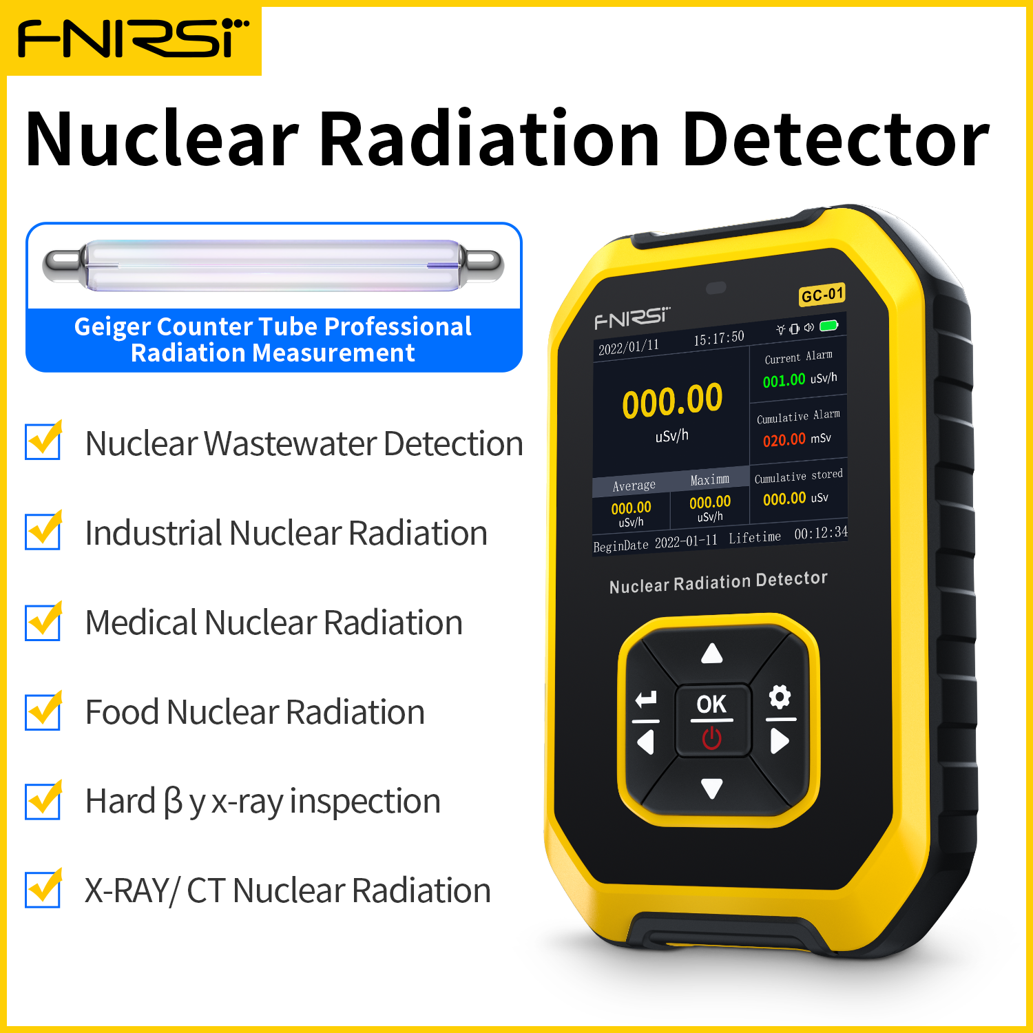 FNIRSI GC-01 Geiger Counter Nuclear Radiation Detector Personal Dosimeter X-ray  Radioactivity Tester Marble Detector