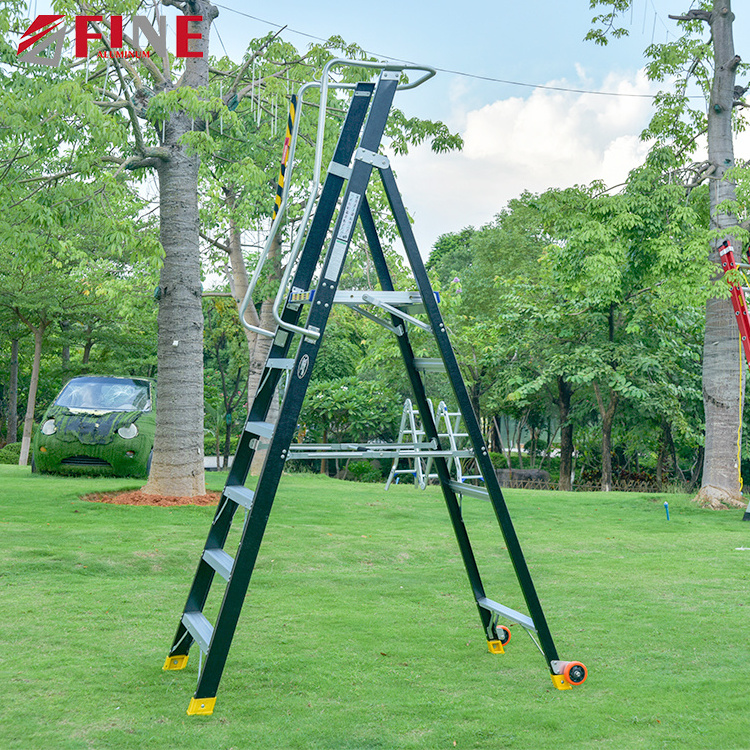 Aerial Work 3 Step Under Mobile Rolling Leveller Fiberglass Platform Ladder