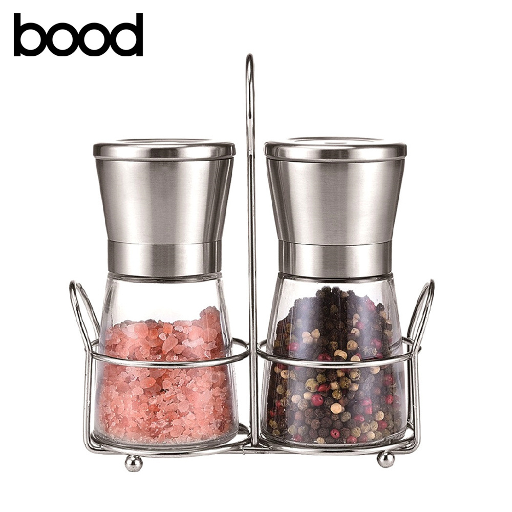 hot sale glass manual pepper grinder and  salt grinder with metal holder