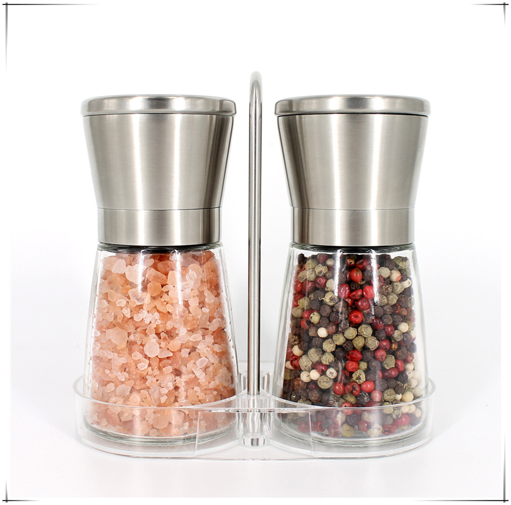 hot sale glass manual pepper grinder and  salt grinder with metal holder