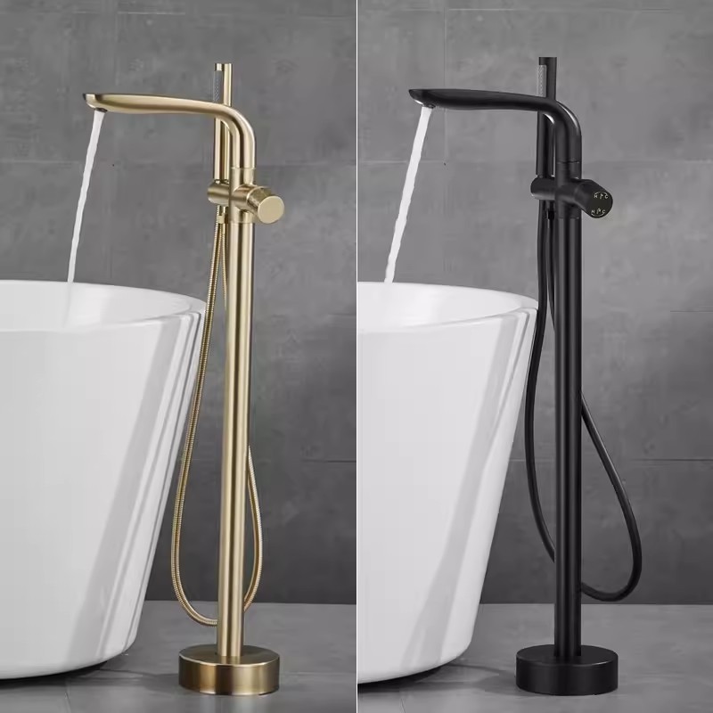 Bathroom Matte Black Floor Standing Bathtub Faucet Shower Faucet 360 Rotation Swivel Spout With ABS Handshower Tap Mixer Shower