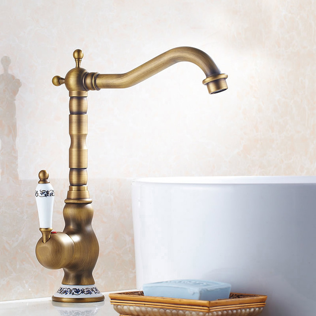 Antique Brass Kitchen Faucet Hot & Cold Mixer Tap Single Hole Bathroom Faucet Rotatable crane Blue and white porcelain handle