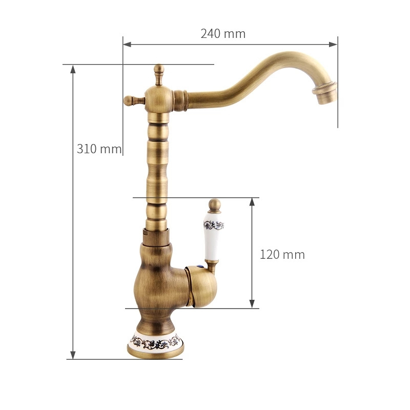 Antique Brass Kitchen Faucet Hot & Cold Mixer Tap Single Hole Bathroom Faucet Rotatable crane Blue and white porcelain handle