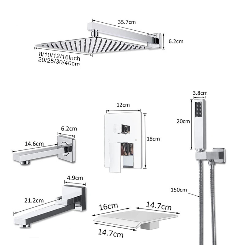 Shower Faucet Set Rainfall 8/10/12/16 Concealed Shower System set complete brass modern bathroom shower faucet