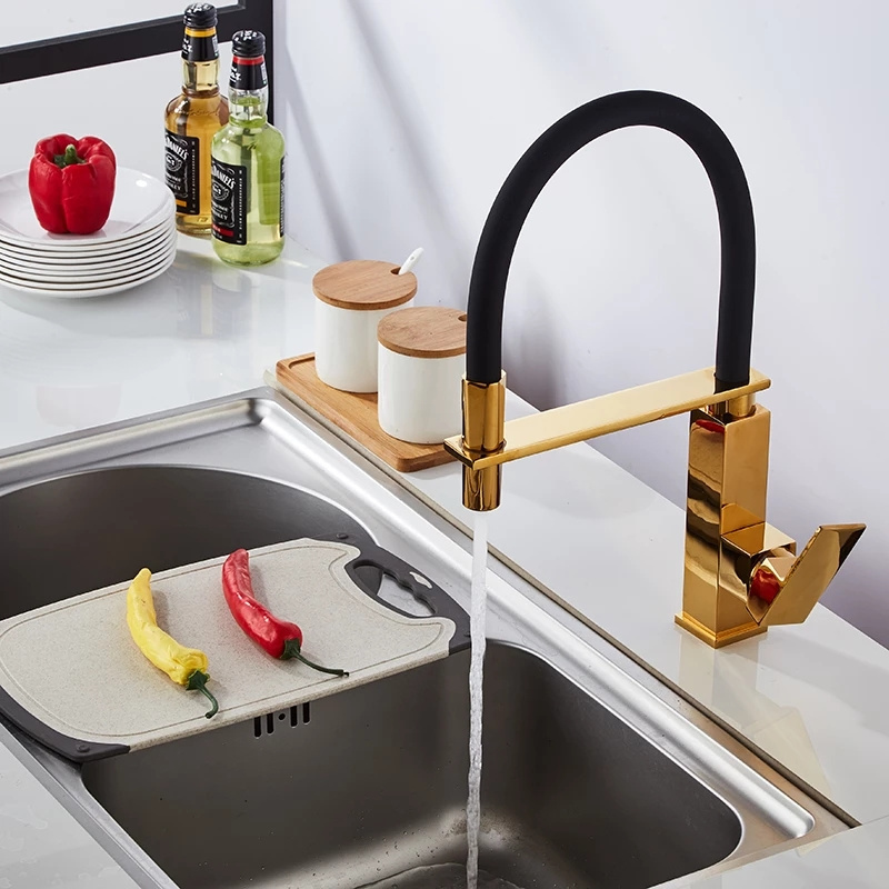 Light Luxury Kitchen Sink Faucet Double Outlet Spring Faucet Copper Alloy Gold Black Spring Kitchen Cold And Hot Faucet