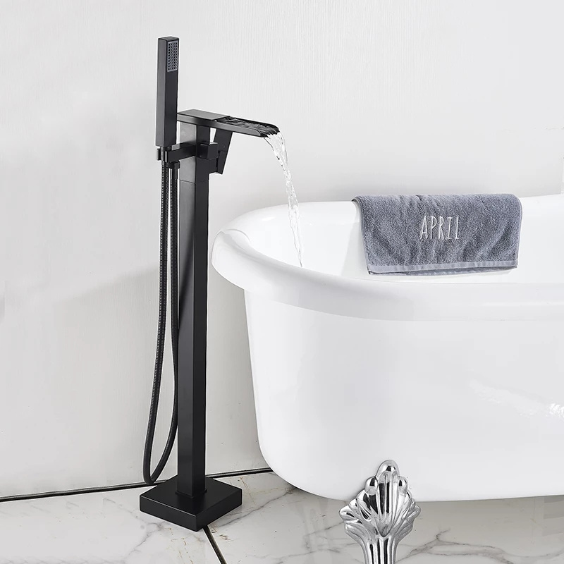 Brass Bathtub Floor Faucet Bath Stand Hot&cold Tap Floor Standing Bath Mixer black bathtub faucet folding bathtub faucet