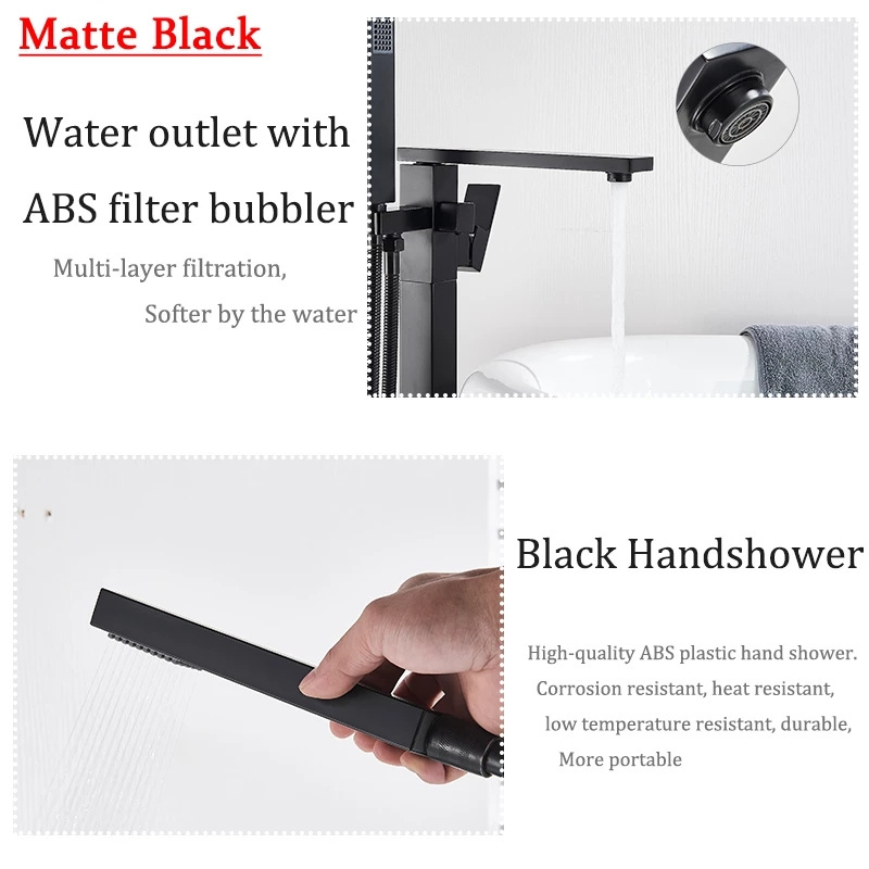 Black Polished european style square brass shower tub faucet floor mounted standing basin faucet gold