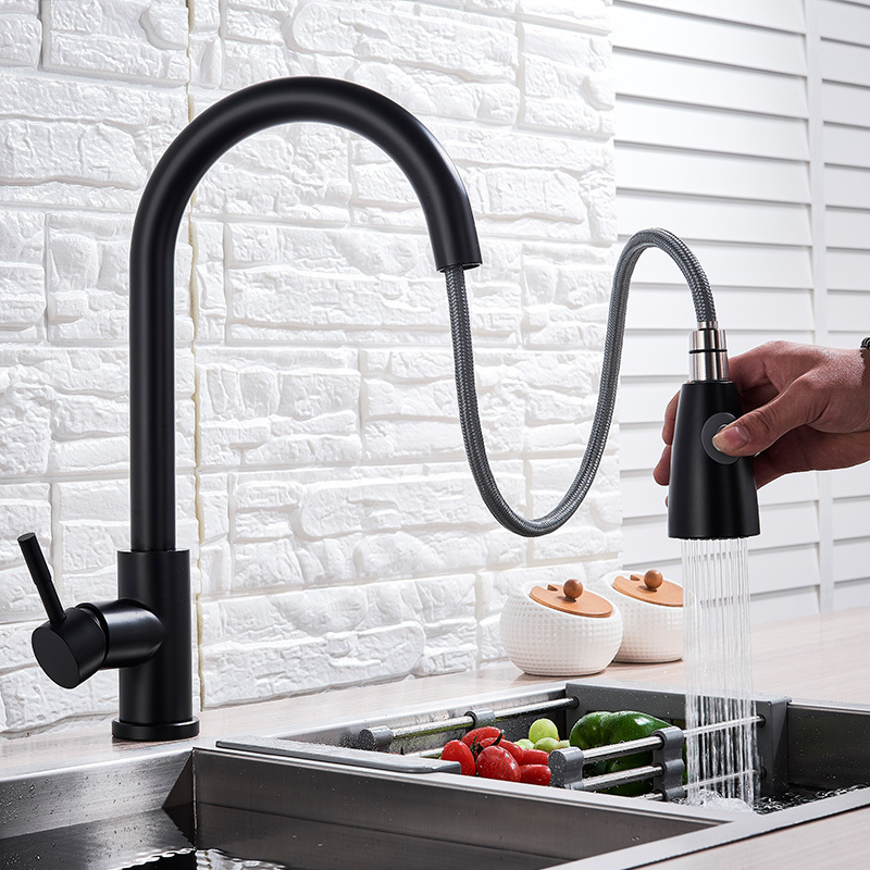 Kitchen Black Faucet Pull Out Mixer Hot and Cold Water Faucet Swivel 304 Stainless Steel with Hand Shower Washbasin Sink Faucet