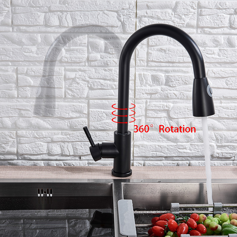 Kitchen Black Faucet Pull Out Mixer Hot and Cold Water Faucet Swivel 304 Stainless Steel with Hand Shower Washbasin Sink Faucet