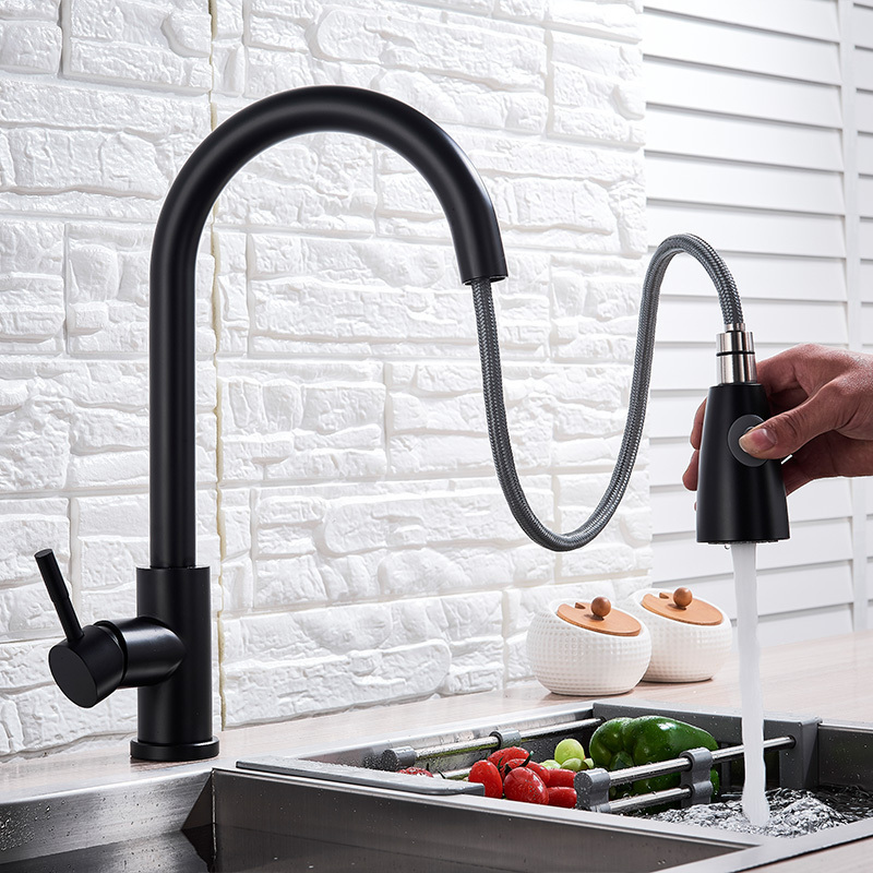 Kitchen Black Faucet Pull Out Mixer Hot and Cold Water Faucet Swivel 304 Stainless Steel with Hand Shower Washbasin Sink Faucet