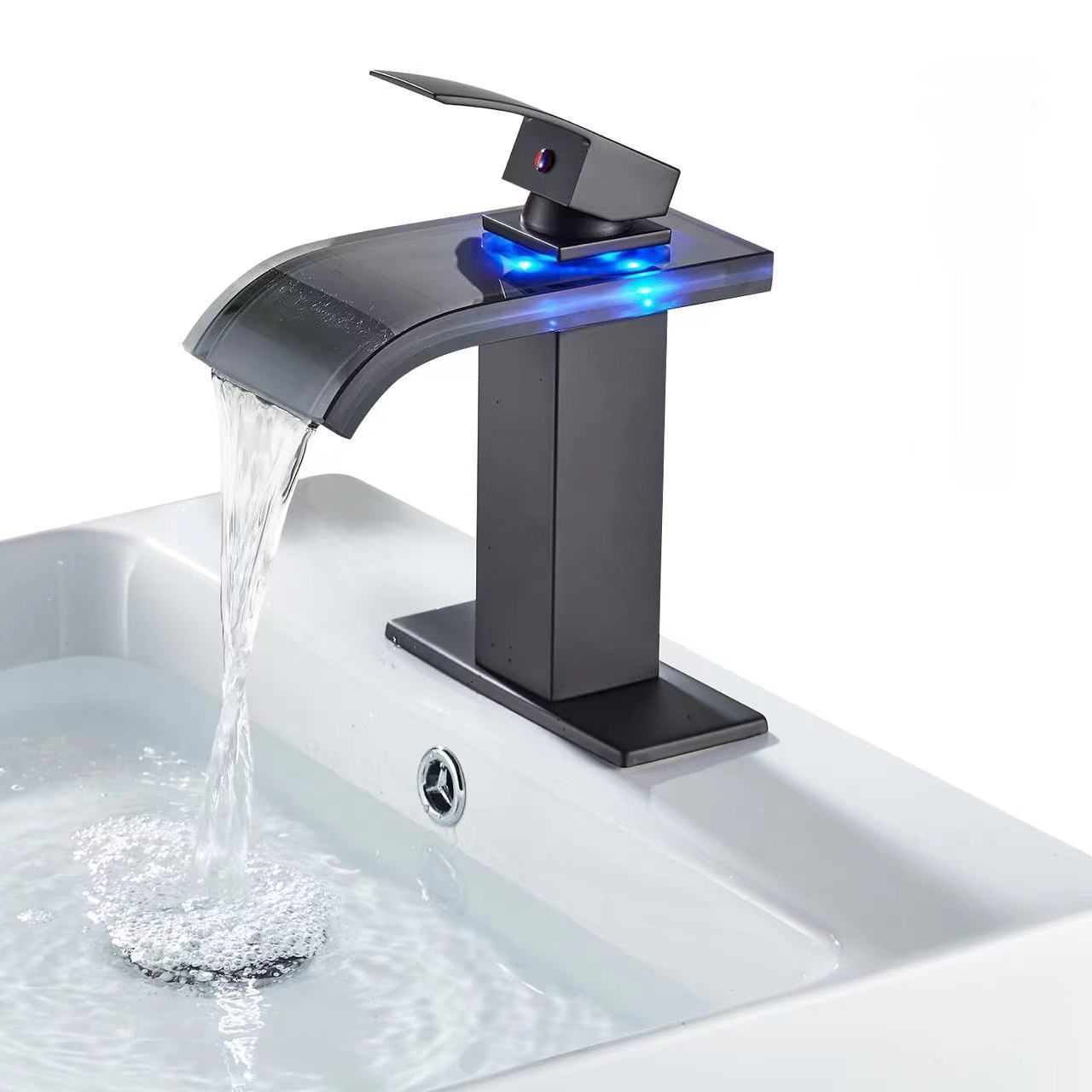 3 Colors LED Luminous Waterfall faucetsTemperature Change Colors sink taps kitchen faucet with led light