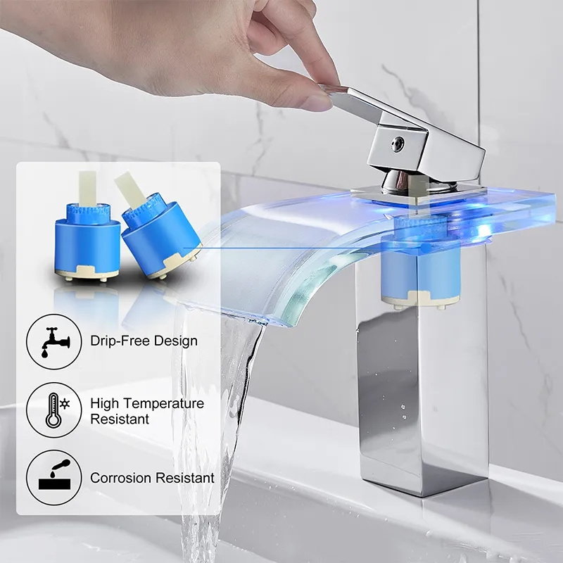 3 Colors LED Luminous Waterfall faucetsTemperature Change Colors sink taps kitchen faucet with led light