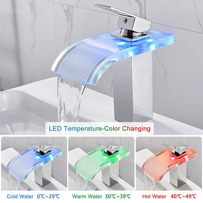 3 Colors LED Luminous Waterfall faucetsTemperature Change Colors sink taps kitchen faucet with led light