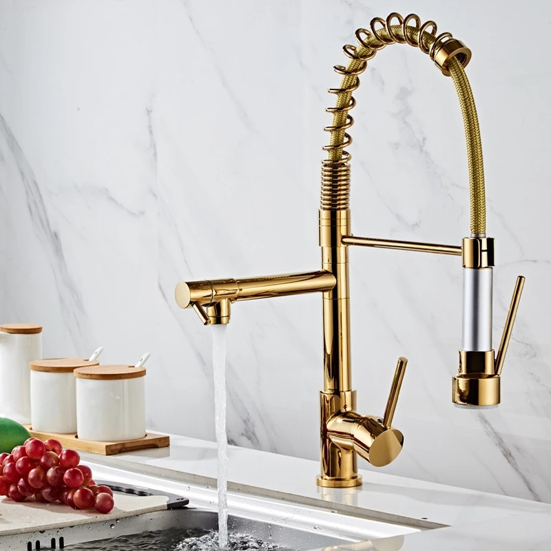 Gold Brass kitchen faucet magnetic suction pull-out design single handle cold and hot double control two-function sink faucet