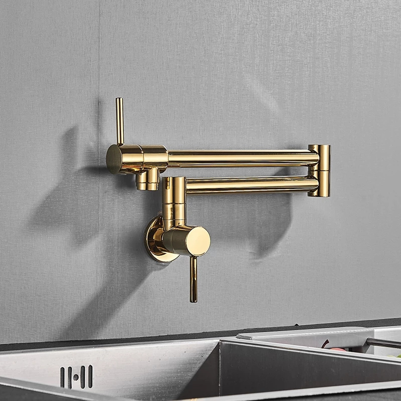 Brushed Golden Copper Kitchen Faucet Single Cold Water Single Lever Double Joint Spout Folding Stretchable Wall Kitchen Mixer