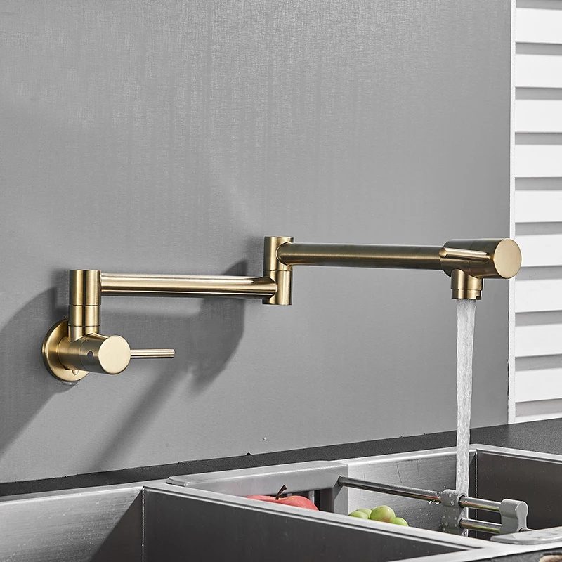 Brushed Golden Copper Kitchen Faucet Single Cold Water Single Lever Double Joint Spout Folding Stretchable Wall Kitchen Mixer