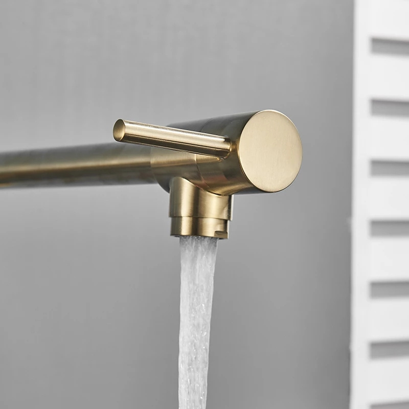 Brushed Golden Copper Kitchen Faucet Single Cold Water Single Lever Double Joint Spout Folding Stretchable Wall Kitchen Mixer