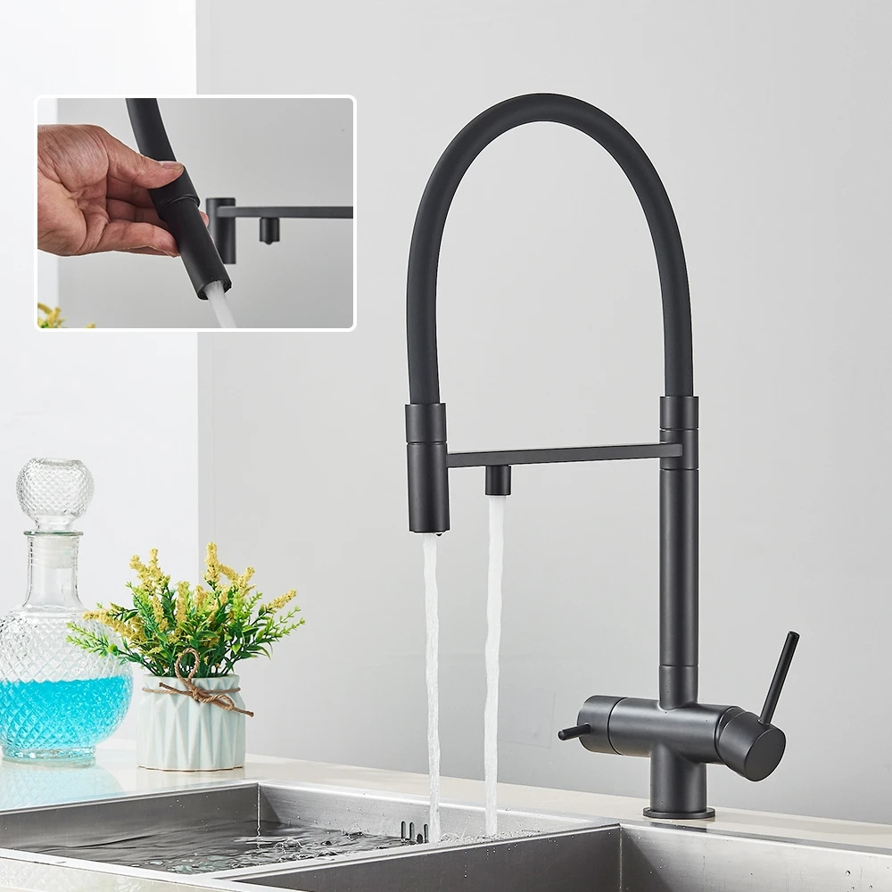 Filter Water Kitchen Faucet 2 in 1 Black Pull Down Pure Water Sink Faucets for Kitchen Deck Swivel Hot Cold Mixer Tap