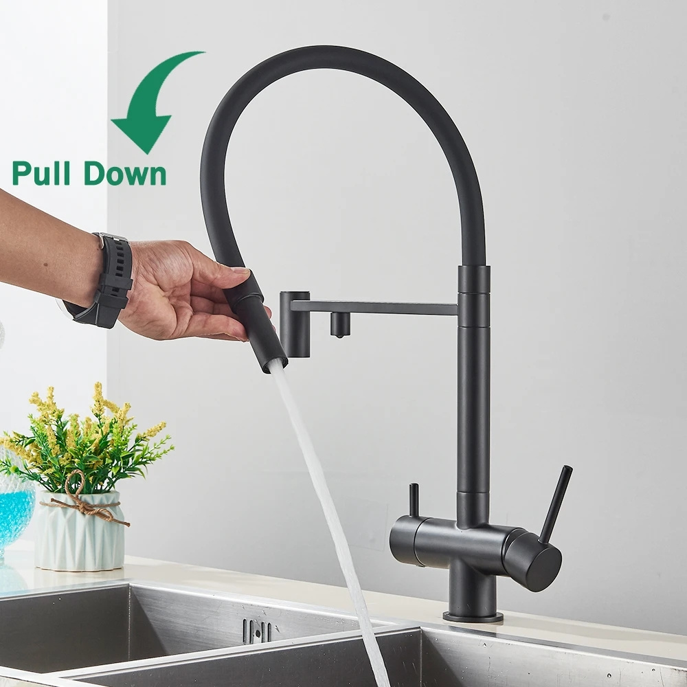 Filter Water Kitchen Faucet 2 in 1 Black Pull Down Pure Water Sink Faucets for Kitchen Deck Swivel Hot Cold Mixer Tap