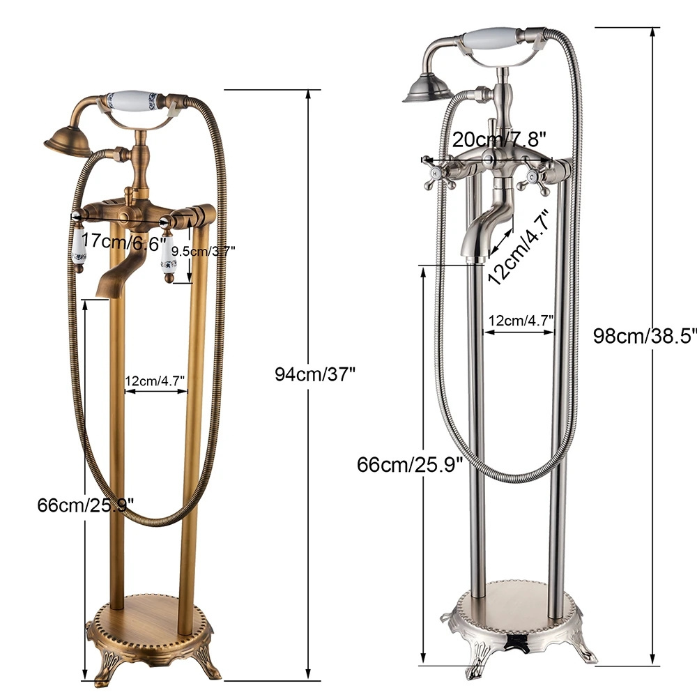 Gold Freestanding Bathroom Bathtub Mixer Faucet Floor Mounted Dual Handle Clawfoot Tub Faucet Brass Swivel Spout Bath Shower Set