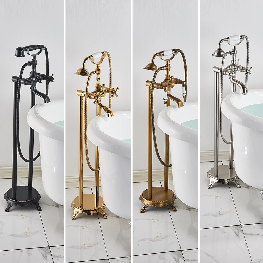 Gold Freestanding Bathroom Bathtub Mixer Faucet Floor Mounted Dual Handle Clawfoot Tub Faucet Brass Swivel Spout Bath Shower Set