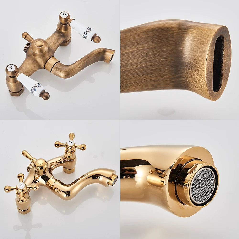 Gold Freestanding Bathroom Bathtub Mixer Faucet Floor Mounted Dual Handle Clawfoot Tub Faucet Brass Swivel Spout Bath Shower Set