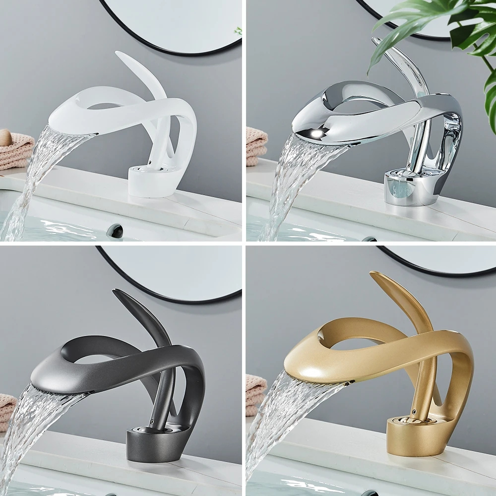 Creative Matte Golden Bathroom Basin Faucet Black Waterfall Vessel Sink Faucet Brass Vanity Sink Mixer Tap Hot Cold Basin Faucet