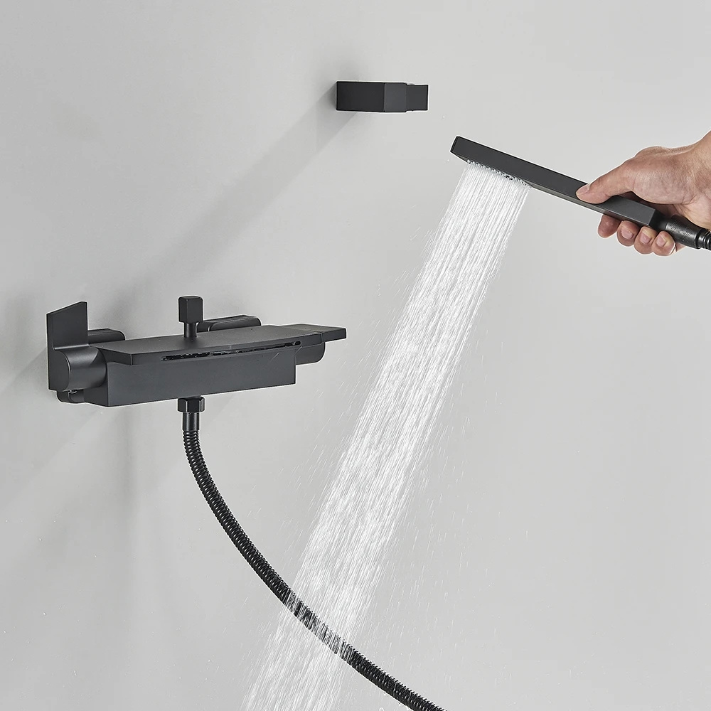 Black Waterfall Bathtub Shower Faucets Cold Hot Mixer Tap Bath Shower Tap Wall Mount bathtub faucet cover