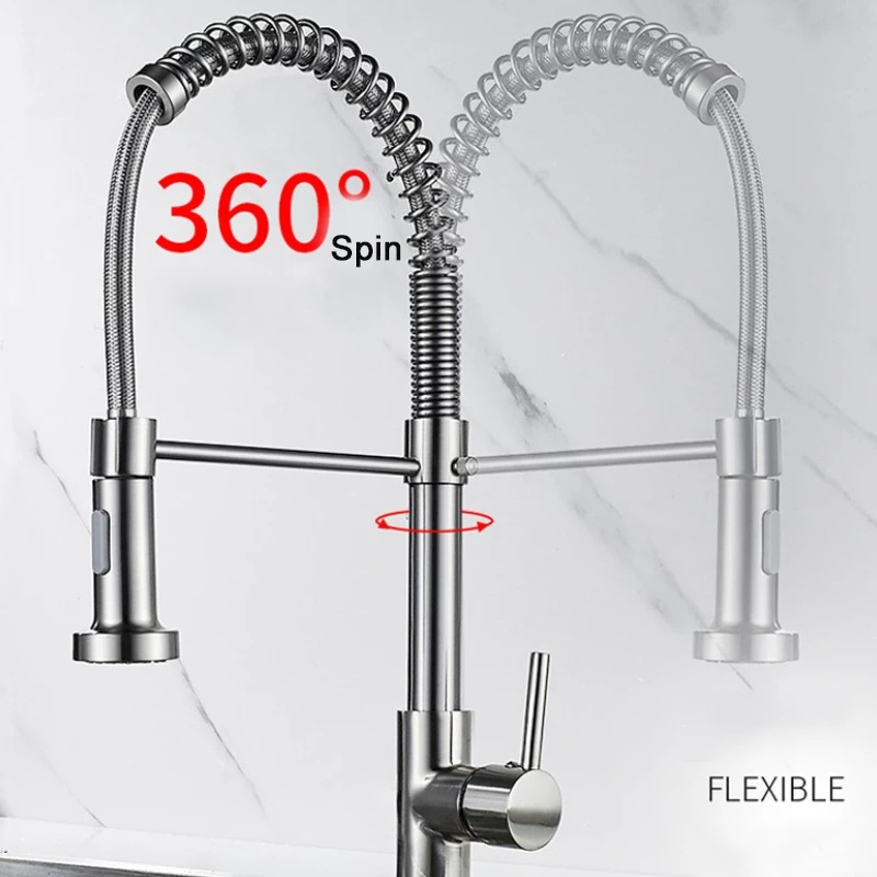 Spring Kitchen Sink Faucet Pull Down Sprayer Nozzle Single Handle stainless steel brushed hot and cold mixed faucet osmosis