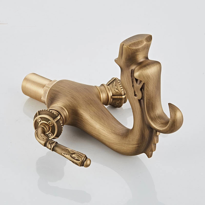 Dragon Carved Basin Faucet Antique Bronze Bathroom Vessel Sink Faucet Dual Handle Bathroom Mixer Tap Luxury Washbasin Faucet