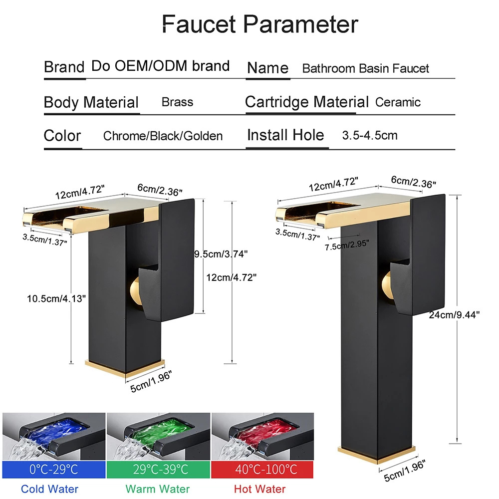 LED Waterfall Bathroom Basin Faucet Cold Hot Water Mixer Crane Sink Tap Color Change Powered by Water Flow Faucets