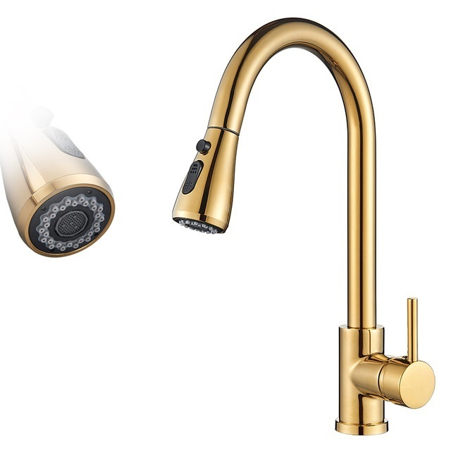 Gold Pull Out Kitchen Sink Water Tap Single Handle Mixer Tap 360 Rotation brass bridge flexible hose for kitchen faucet set