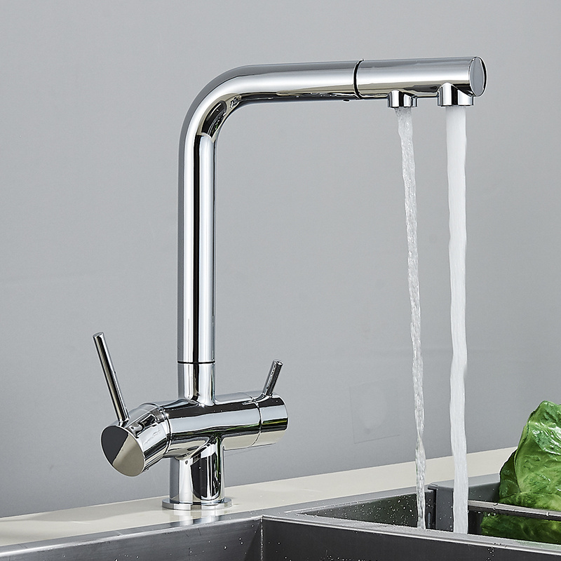 Chrome Brass Pull Out Filtered alibaba Kitchen Faucet Dual Handle Hot Cold Drinking Water 3-Way Filter Purification Mixer Taps